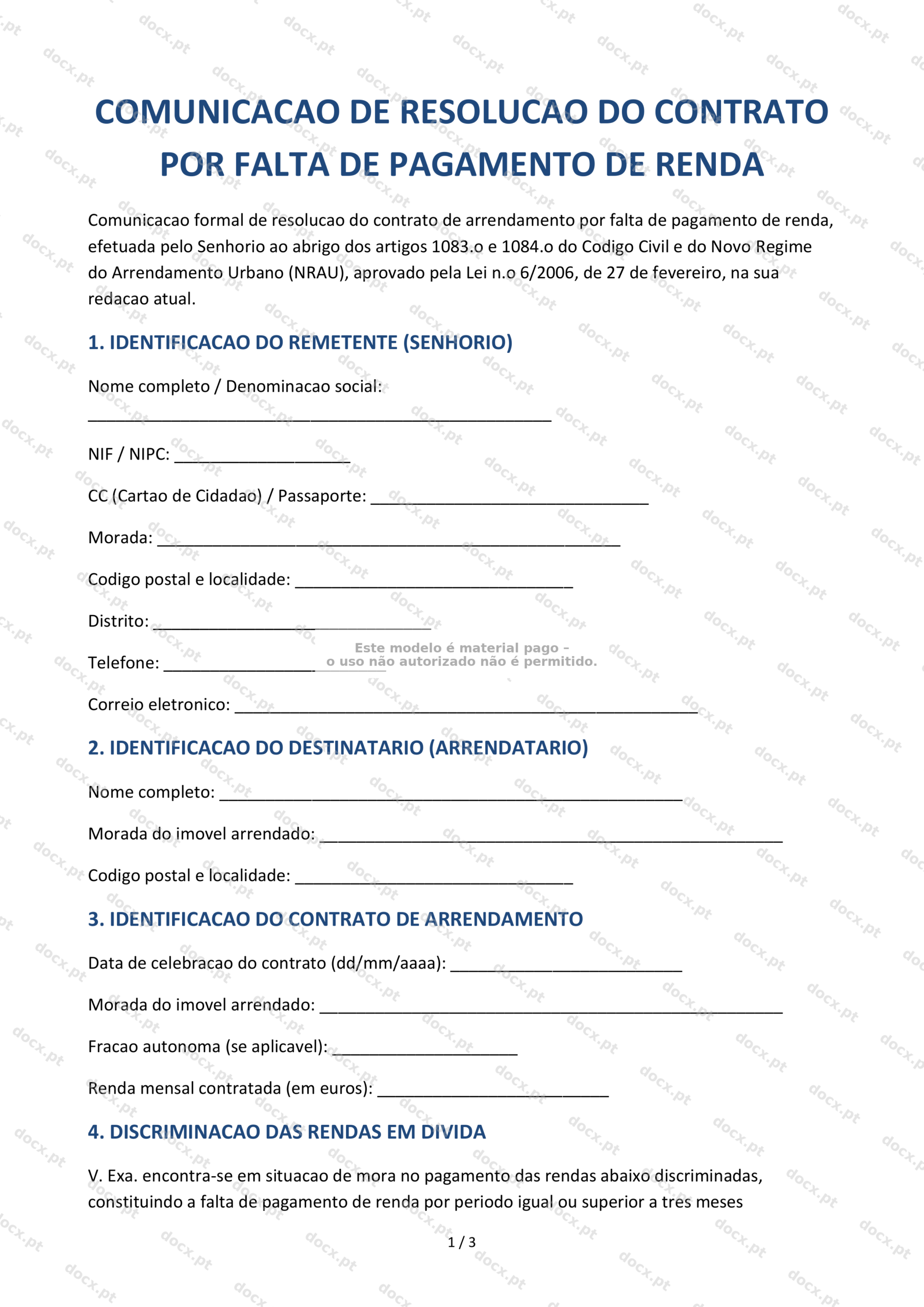 Comunicação de Resolução por Falta de Pagamento de Renda — Formulário Editável
