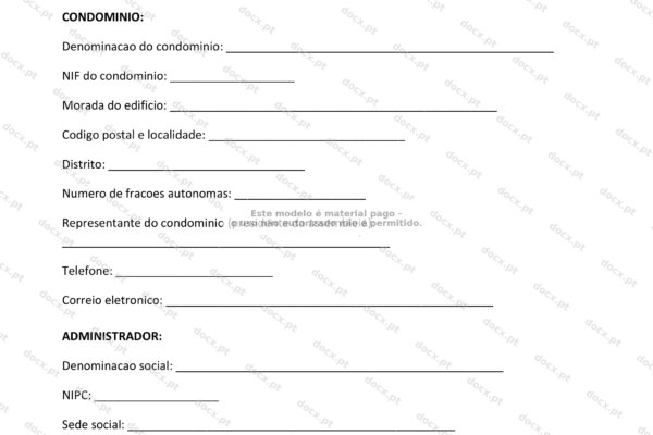 Contrato de administração de condomínio em formato A4, página 1.