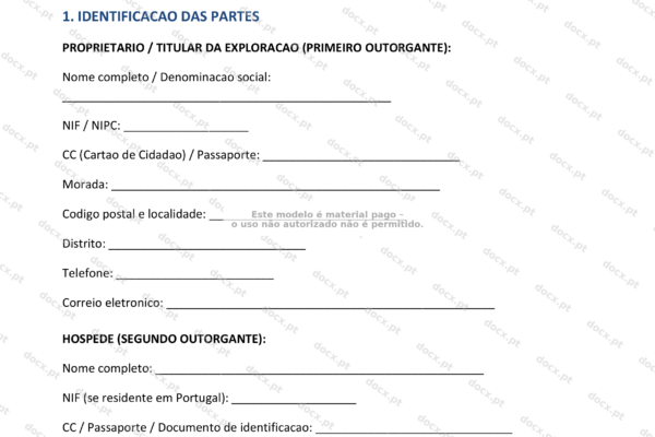 Contrato de alojamento local, página 1, formato A4.