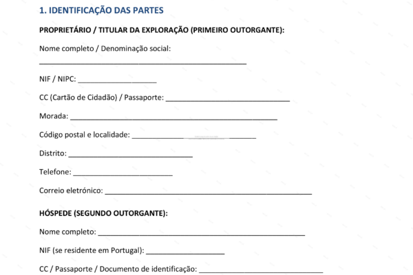 Contrato de alojamento local, página 1, formato A4.