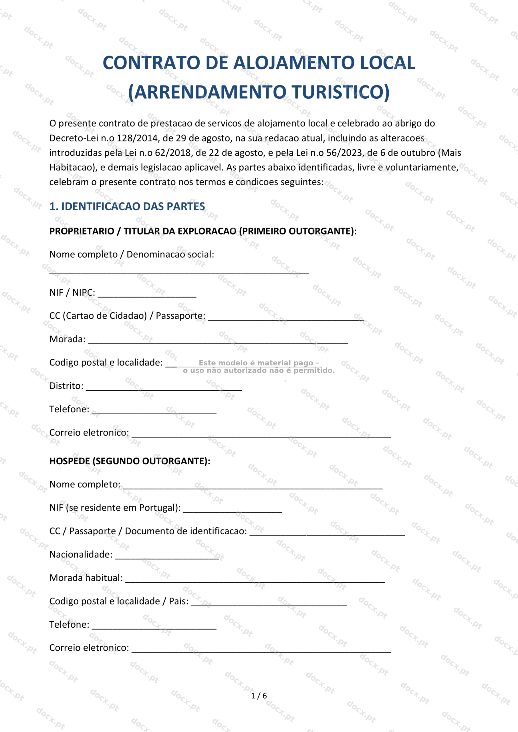 Contrato de Alojamento Local (Arrendamento Turístico) — Modelo Word e PDF