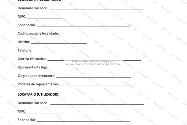 Contrato de aluguer de equipamento, página 1 em formato A4.