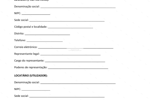 Contrato de aluguer de equipamento, página 1 em formato A4.