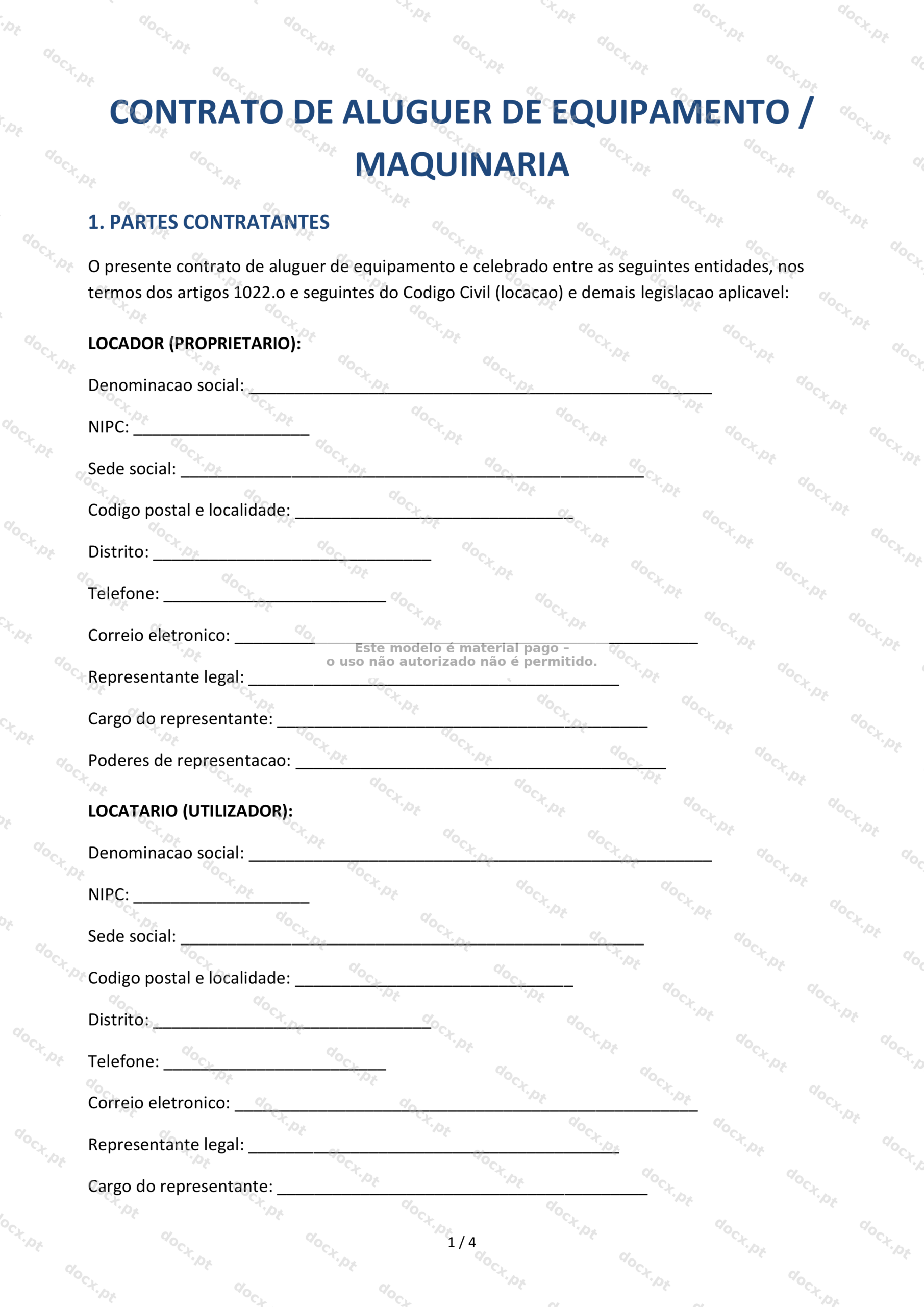 Contrato de Aluguer de Equipamento — Modelo Descarregável
