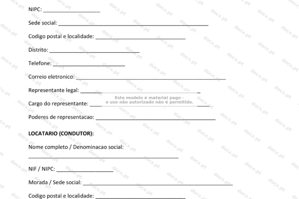 Contrato de aluguer de veículo, formato A4, página 1.