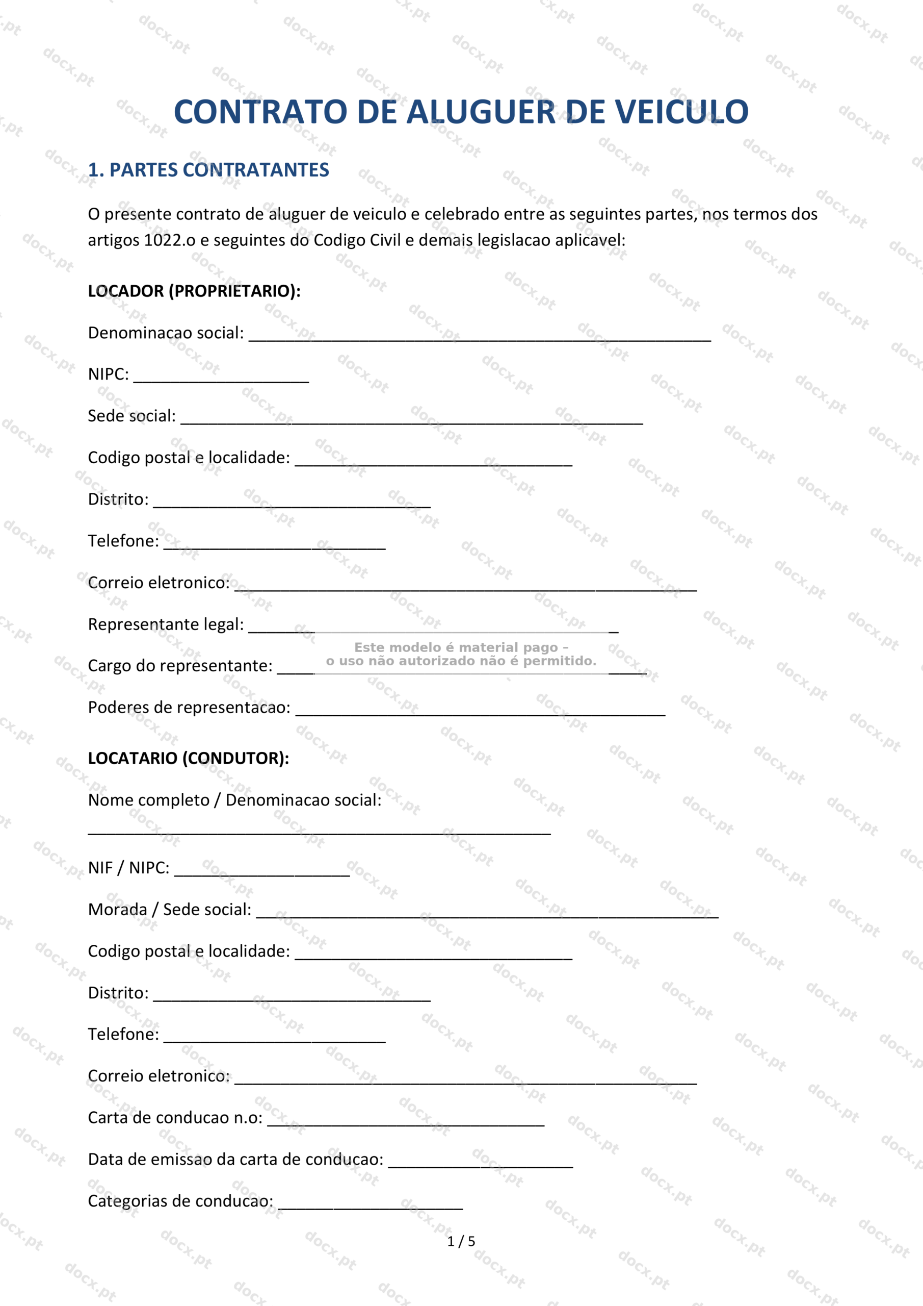 Contrato de Aluguer de Veículo — Documento Word e PDF