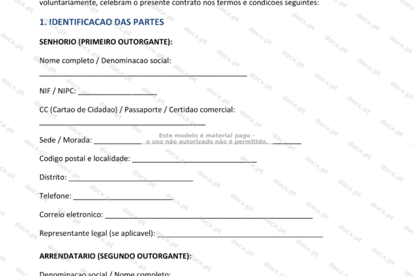 Contrato de arrendamento de armazém, página 1 em A4, documento com texto legível.