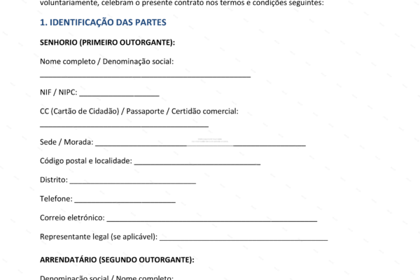 Contrato de arrendamento de armazém, página 1 em A4, documento com texto legível.