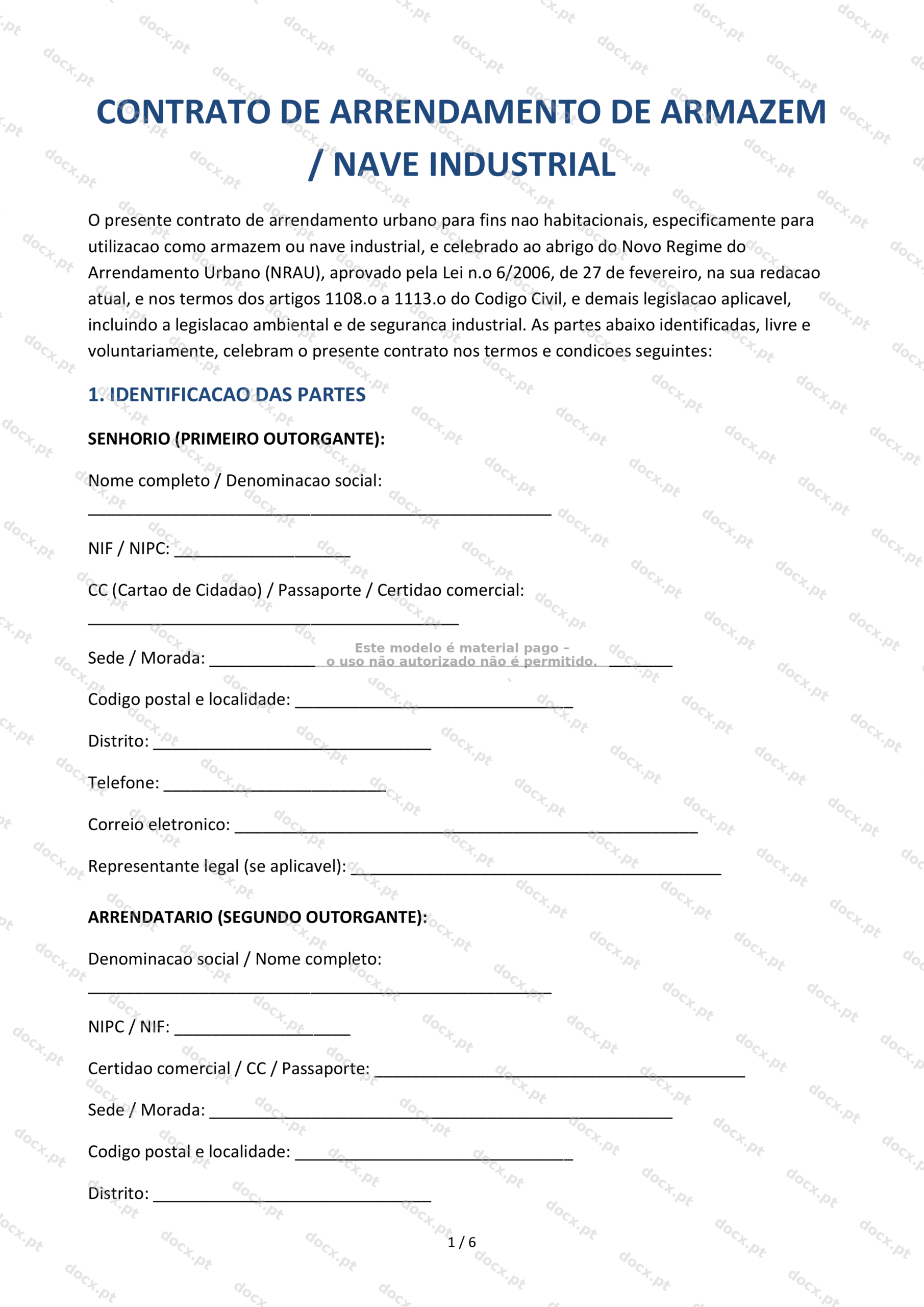 Contrato de Arrendamento de Armazém — Modelo Imprimível