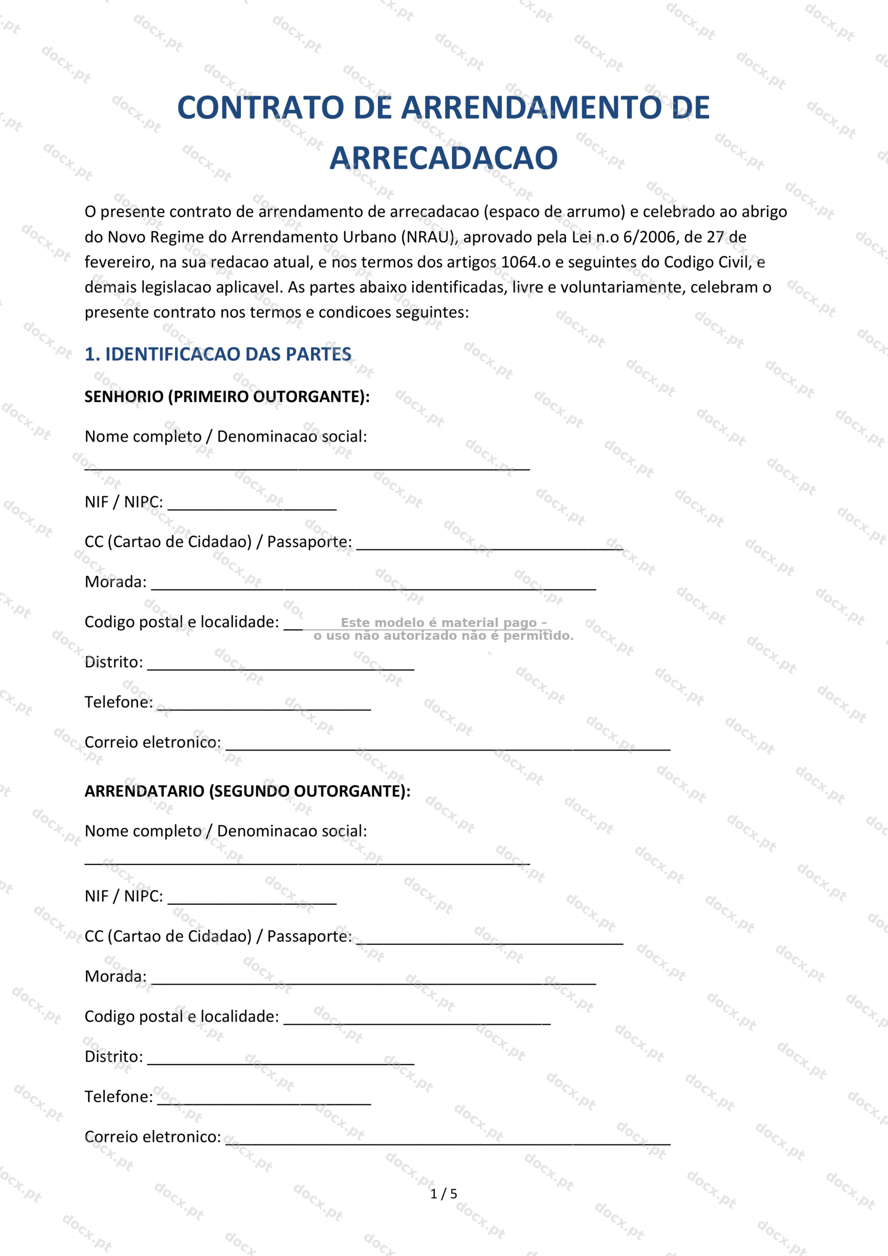 Contrato de Arrendamento de Arrecadação — Documento Descarregável