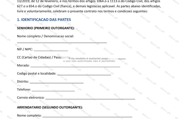Página 1 do contrato de arrendamento com fiador, formato A4, imagem em escala reduzida.
