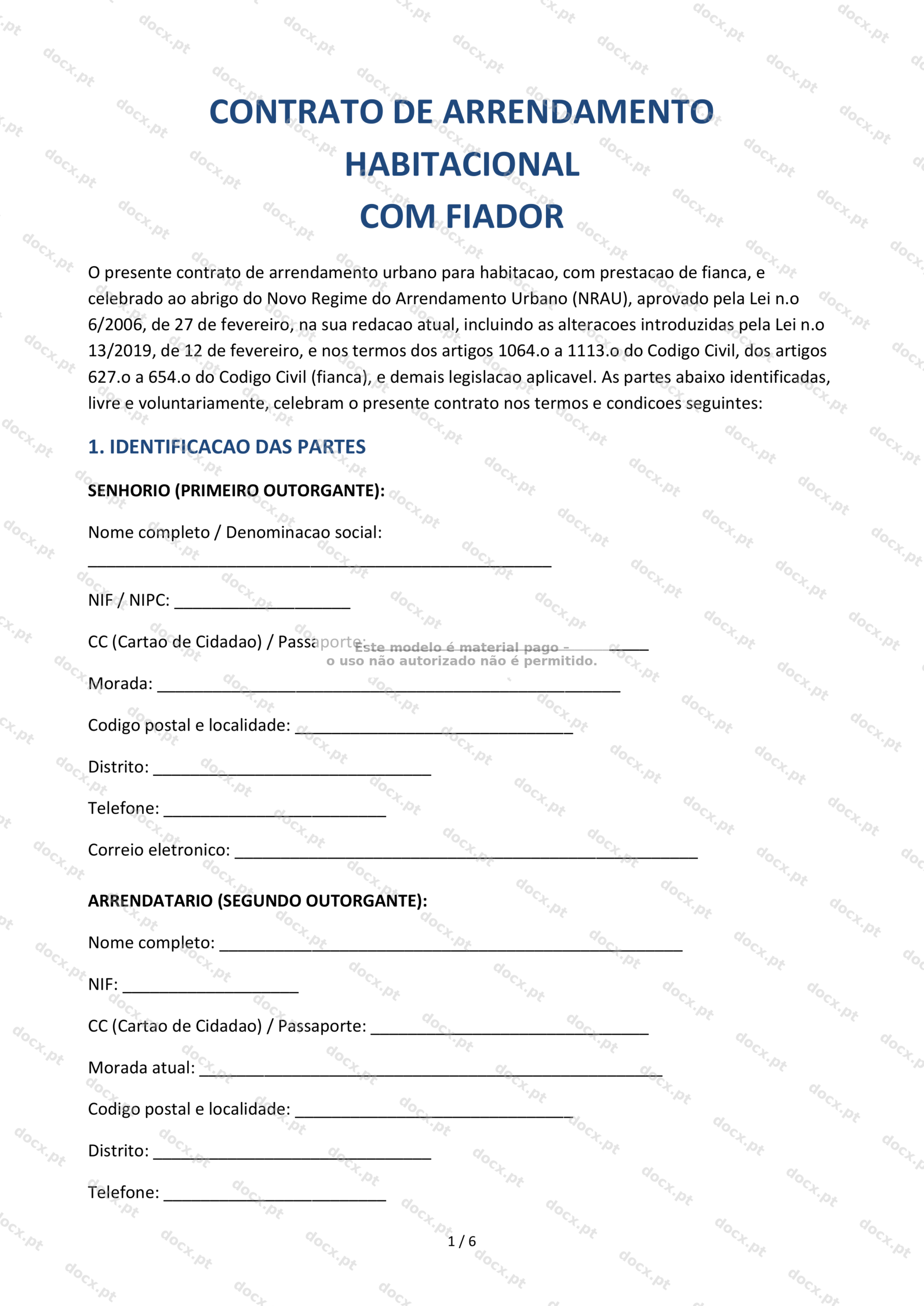 Contrato de Arrendamento Habitacional com Fiador — Formulário Descarregável
