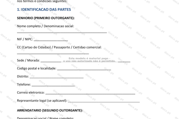 Contrato de arrendamento para fins não habitacionais, página 1, formato A4, escaneado.