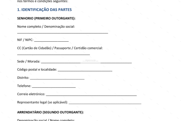 Contrato de arrendamento para fins não habitacionais, página 1, formato A4, escaneado.