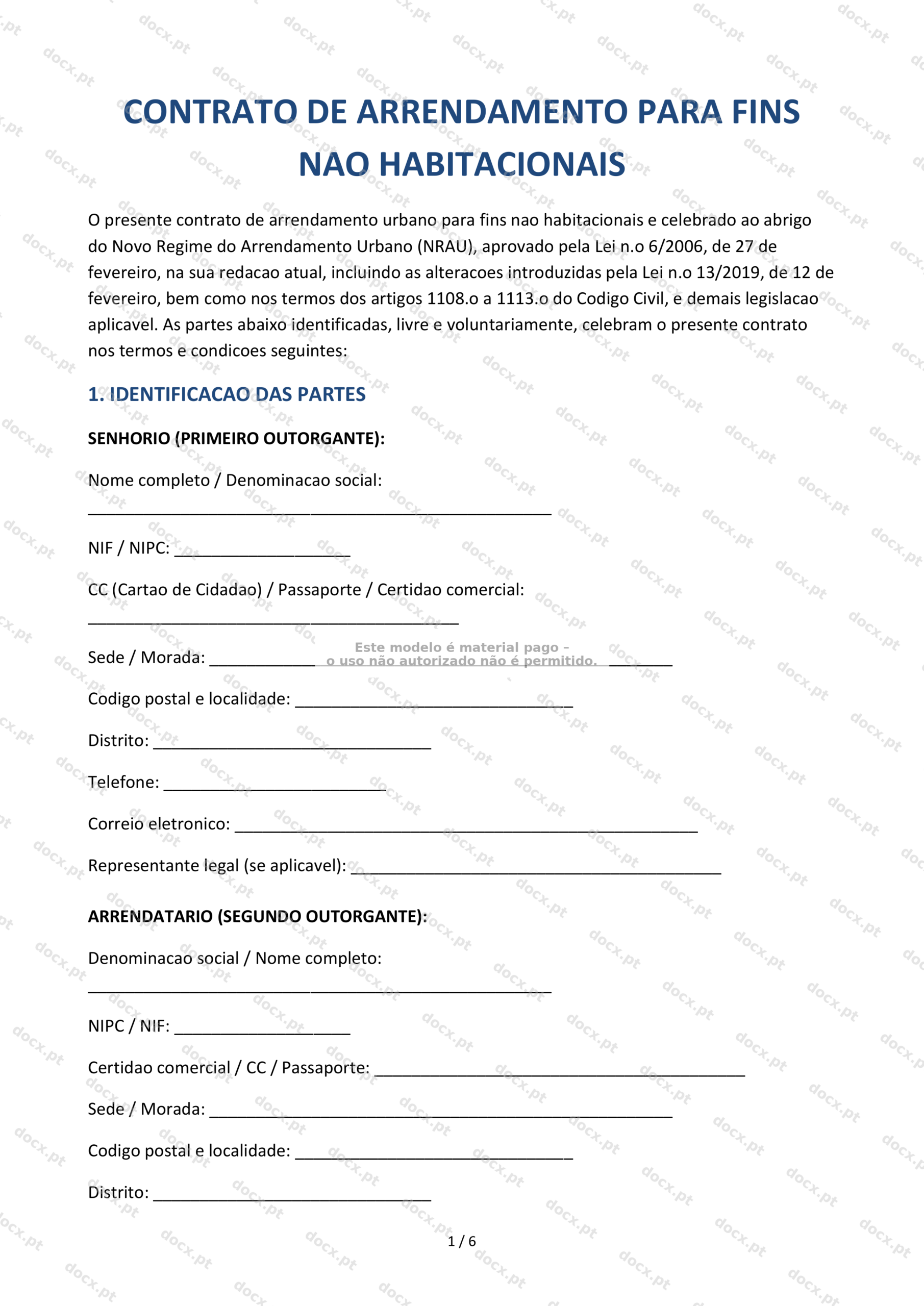 Contrato de Arrendamento para Fins Não Habitacionais — Modelo Word e PDF