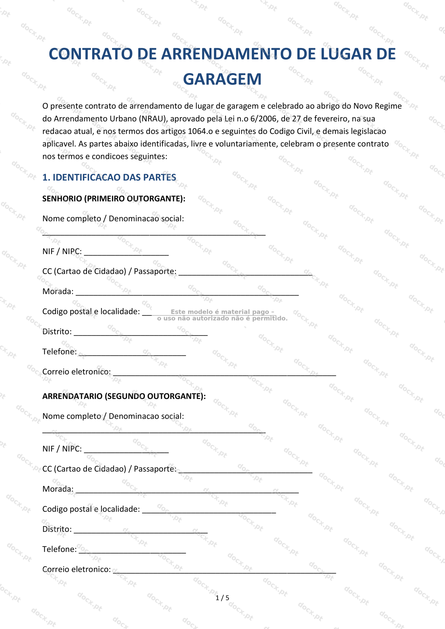 Contrato de Arrendamento de Garagem — Modelo Editável