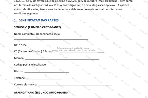 Contrato de arrendamento habitacional com duração indeterminada - página 1, formato A4