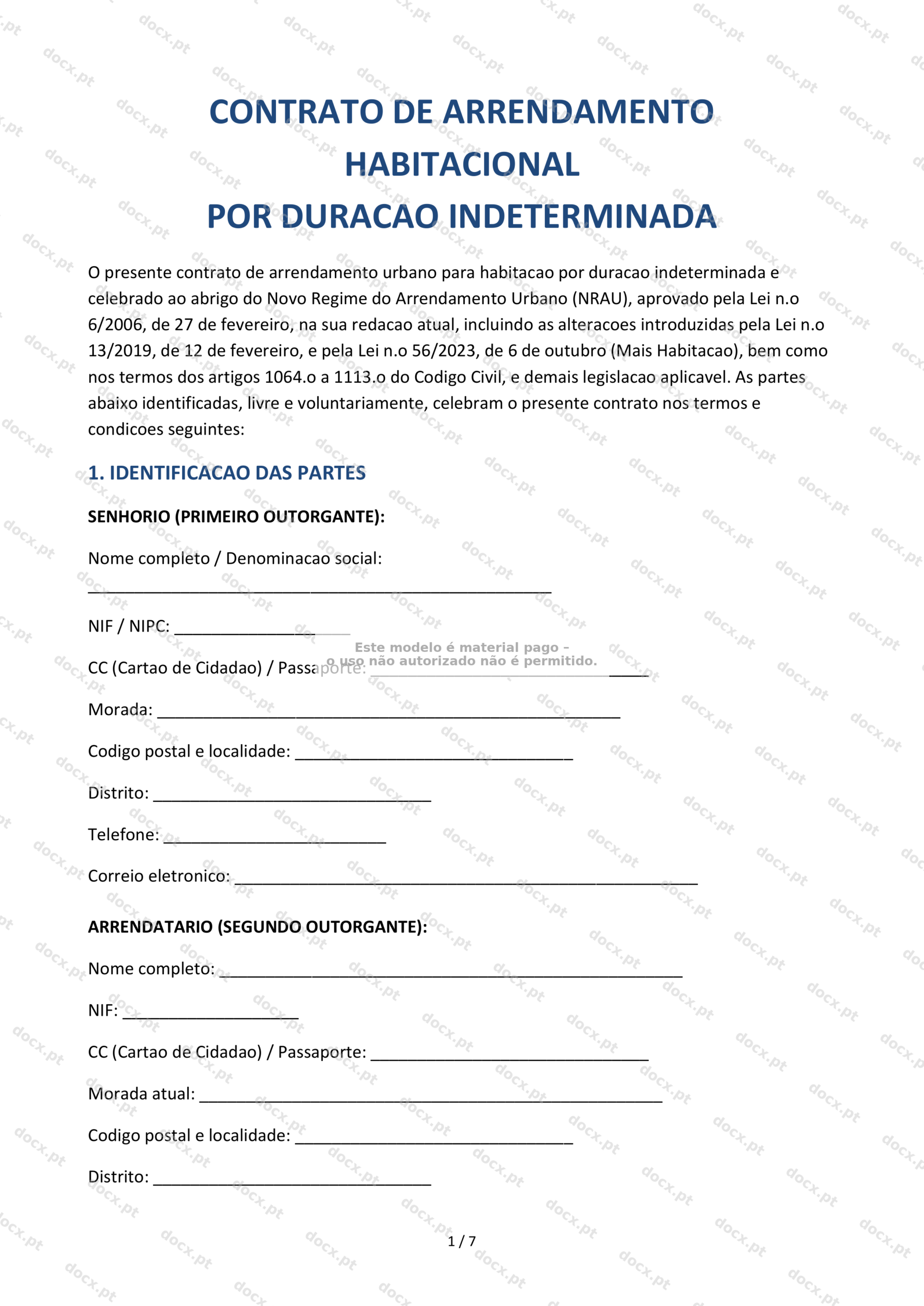 Contrato de Arrendamento Habitacional por Duração Indeterminada — Documento Word e PDF