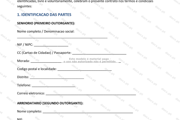 Página 1 de um contrato de arrendamento habitacional com prazo certo, formato A4.
