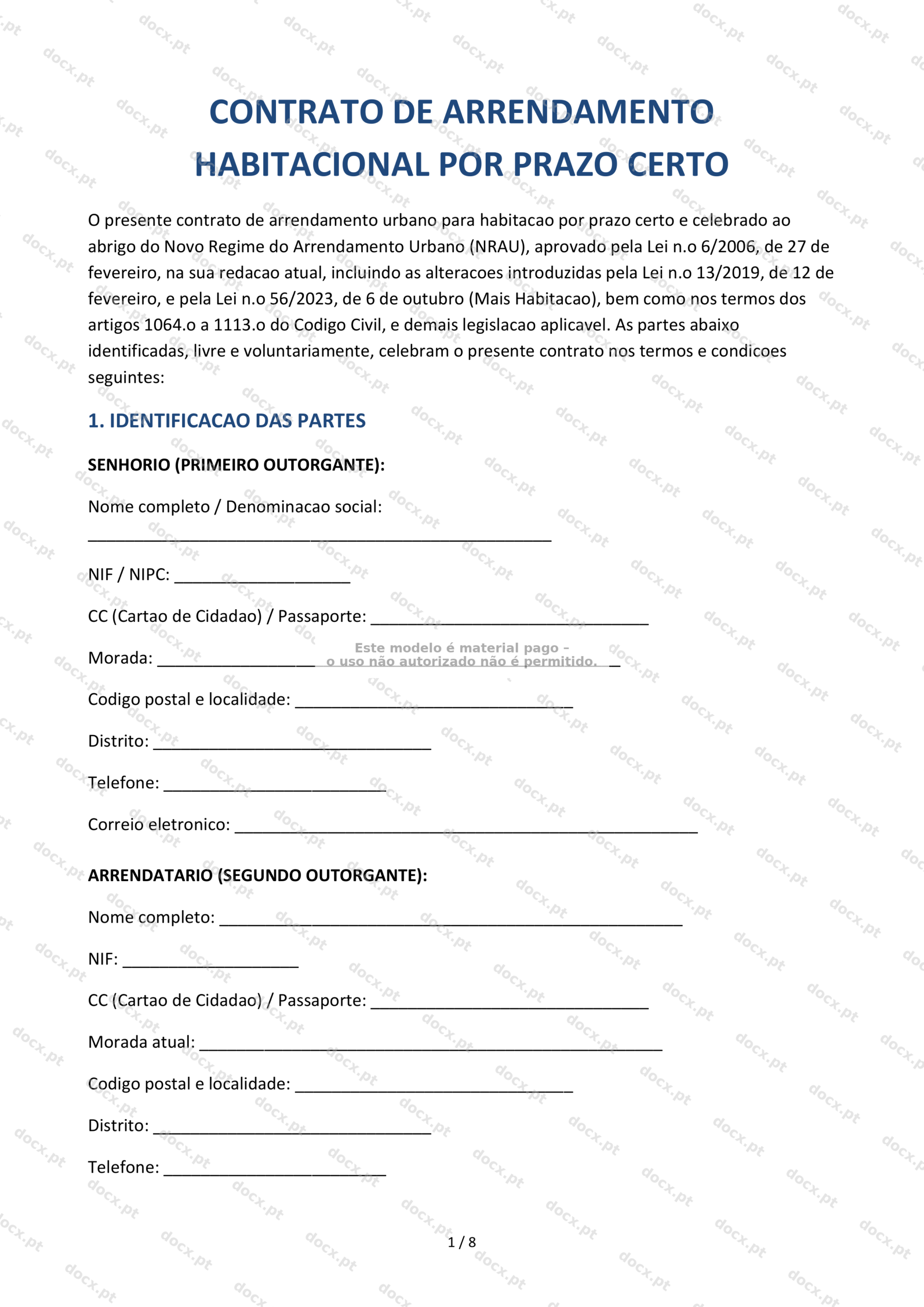 Contrato de Arrendamento Habitacional por Prazo Certo – Documento Word e PDF