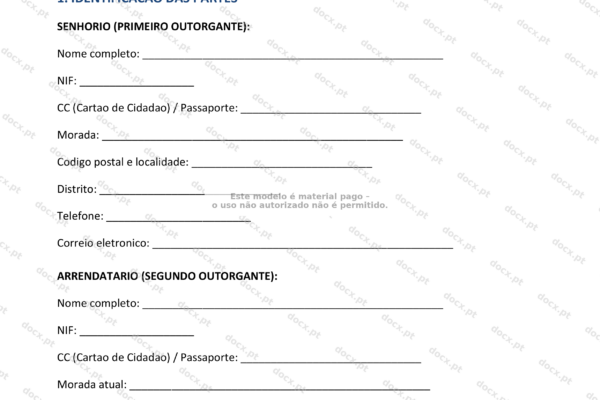 Contrato de arrendamento de quarto, página 1, formato A4.