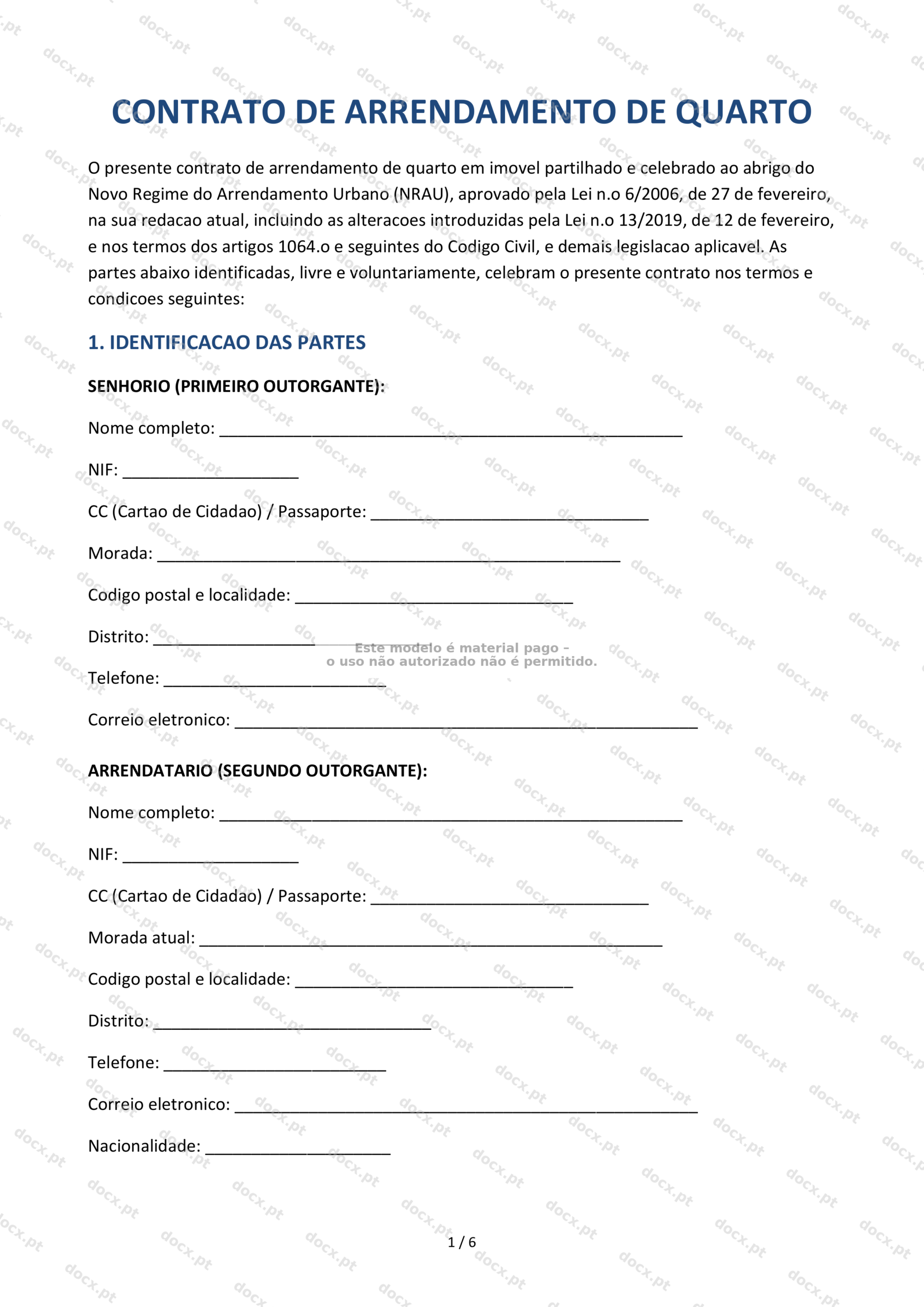 Contrato de Arrendamento de Quarto — Modelo Editável | Word e PDF