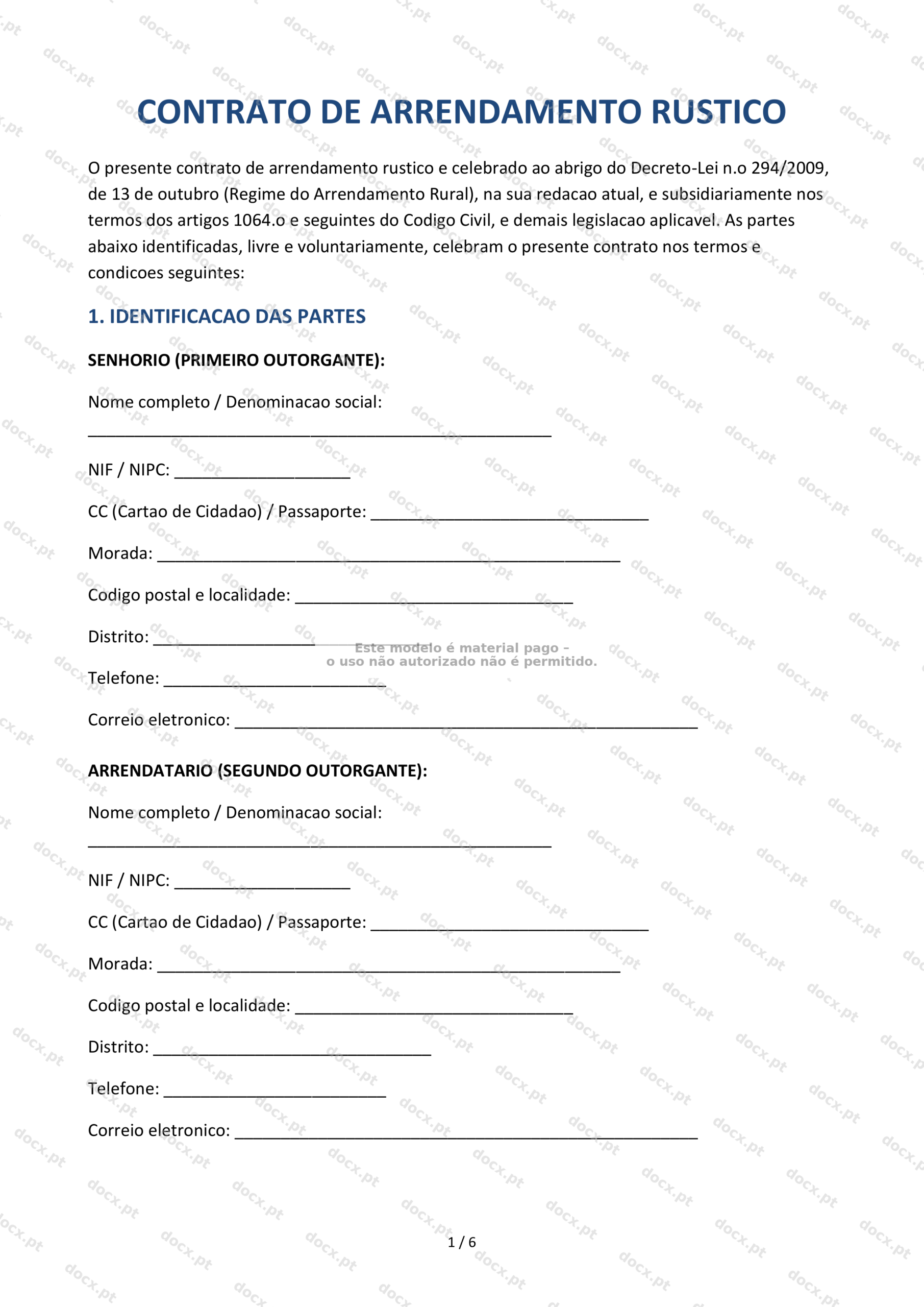 Contrato de Arrendamento Rústico — Formulário Editável