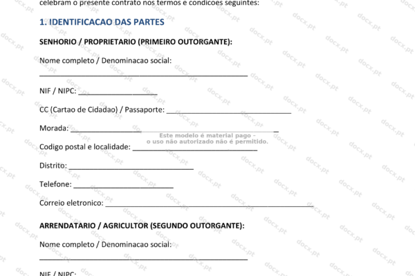 Página 1 de contrato de arrendamento de terreno agrícola, documento em formato A4.