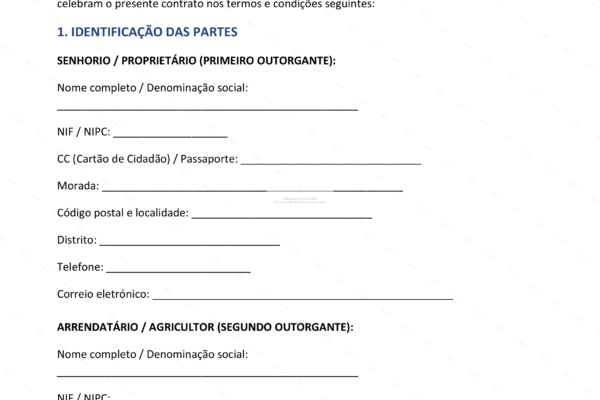 Página 1 de contrato de arrendamento de terreno agrícola, documento em formato A4.