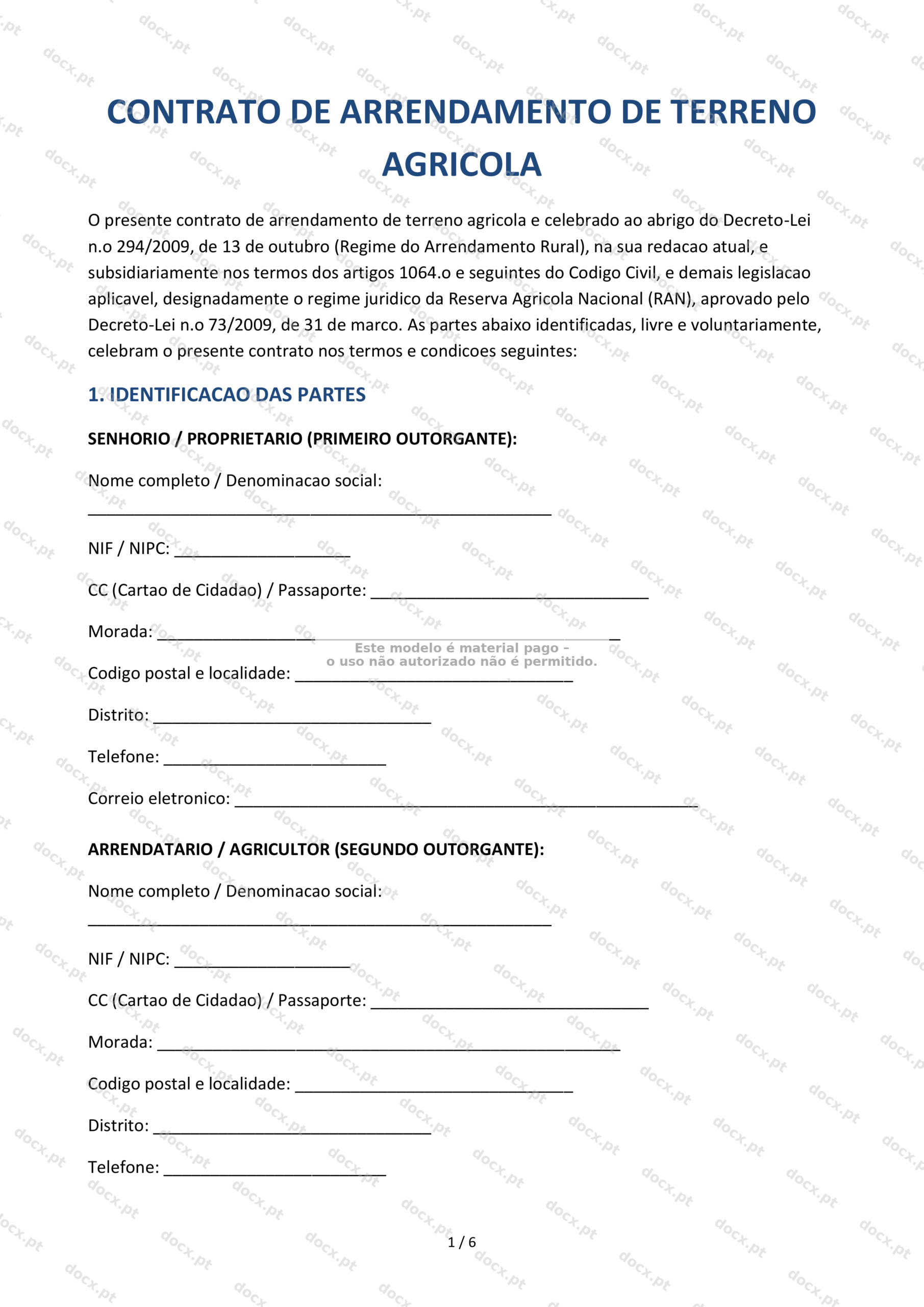Contrato de Arrendamento de Terreno Agrícola – Modelo Imprimível