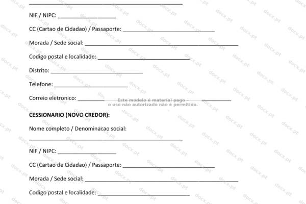 Contrato de cessão de créditos, página 1 em formato A4, documento legal