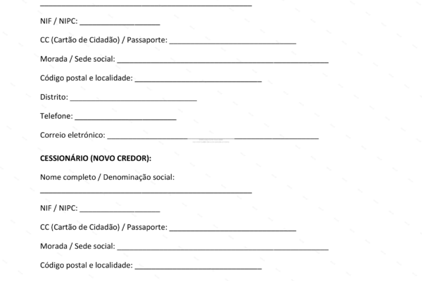 Contrato de cessão de créditos, página 1 em formato A4, documento legal