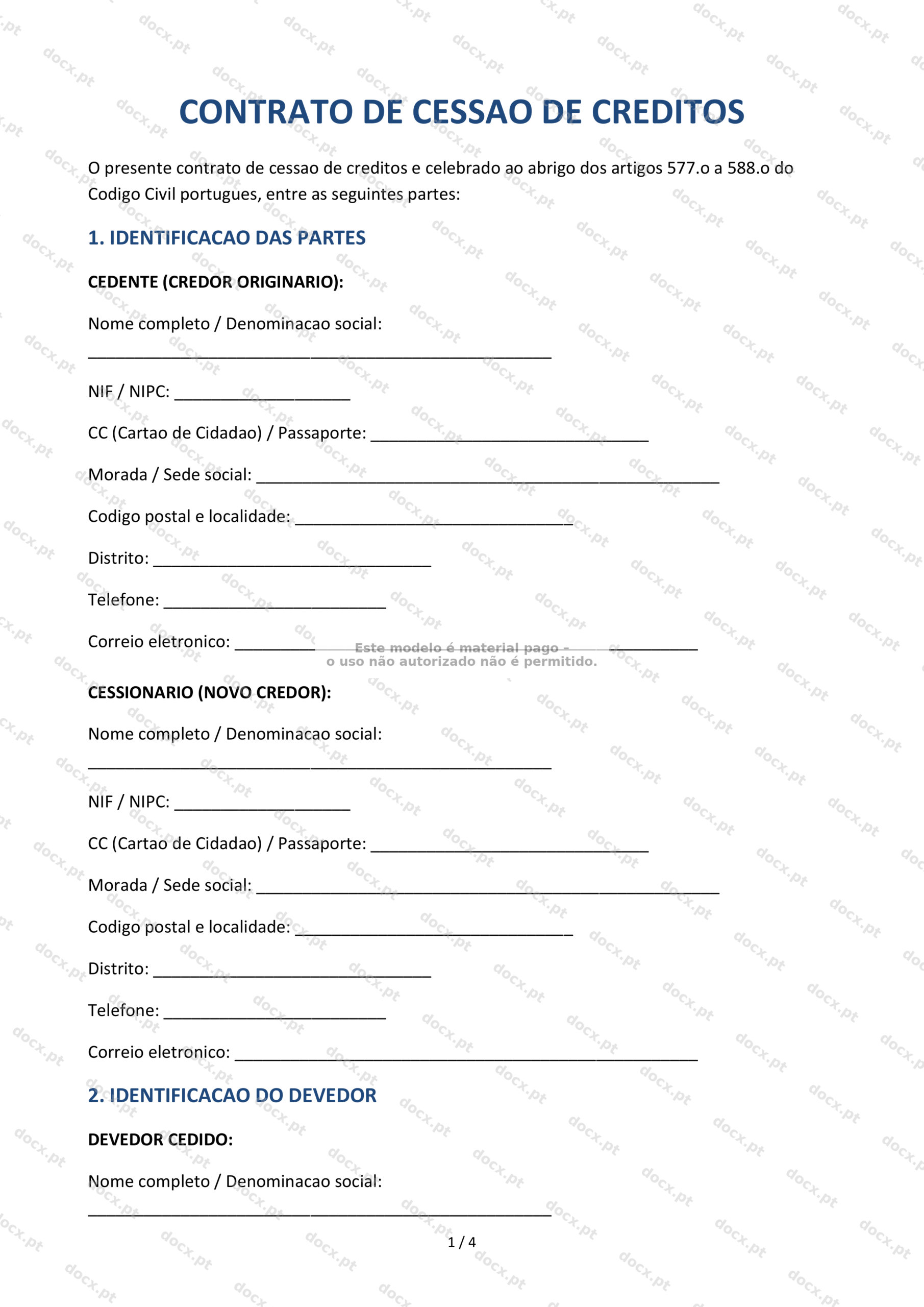 Contrato de Cessão de Créditos — Documento Word e PDF