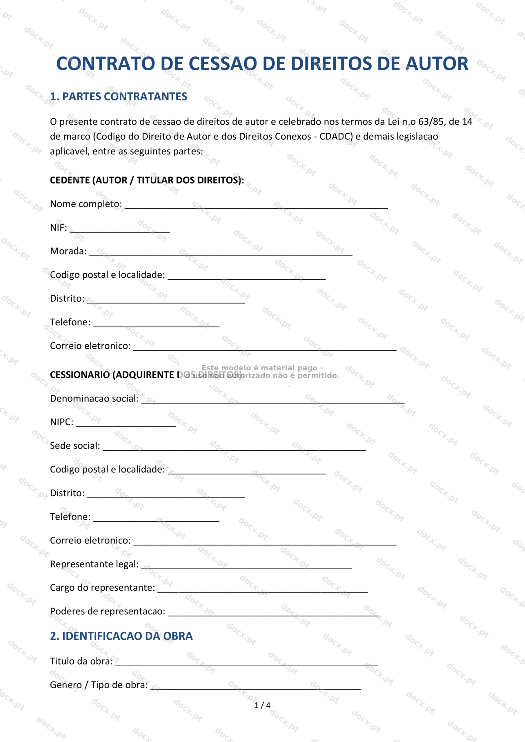 Contrato de Cessão de Direitos de Autor | Modelo Descarregável