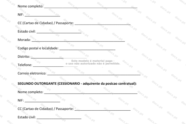 Contrato de cessão de posição contratual CPCV, página 1, formato A4.