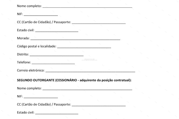 Contrato de cessão de posição contratual CPCV, página 1, formato A4.