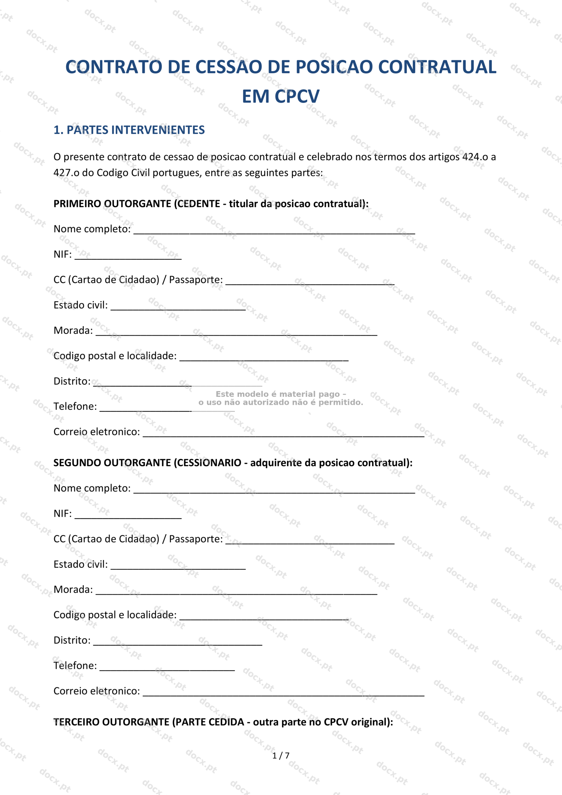 Contrato de Cessão de Posição Contratual em CPCV — Documento Descarregável