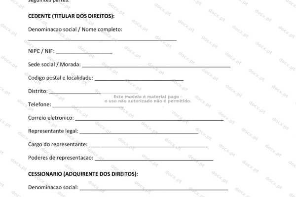 Contrato de cessão de propriedade intelectual em uma página A4, com texto visível.