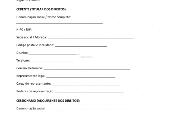 Contrato de cessão de propriedade intelectual em uma página A4, com texto visível.