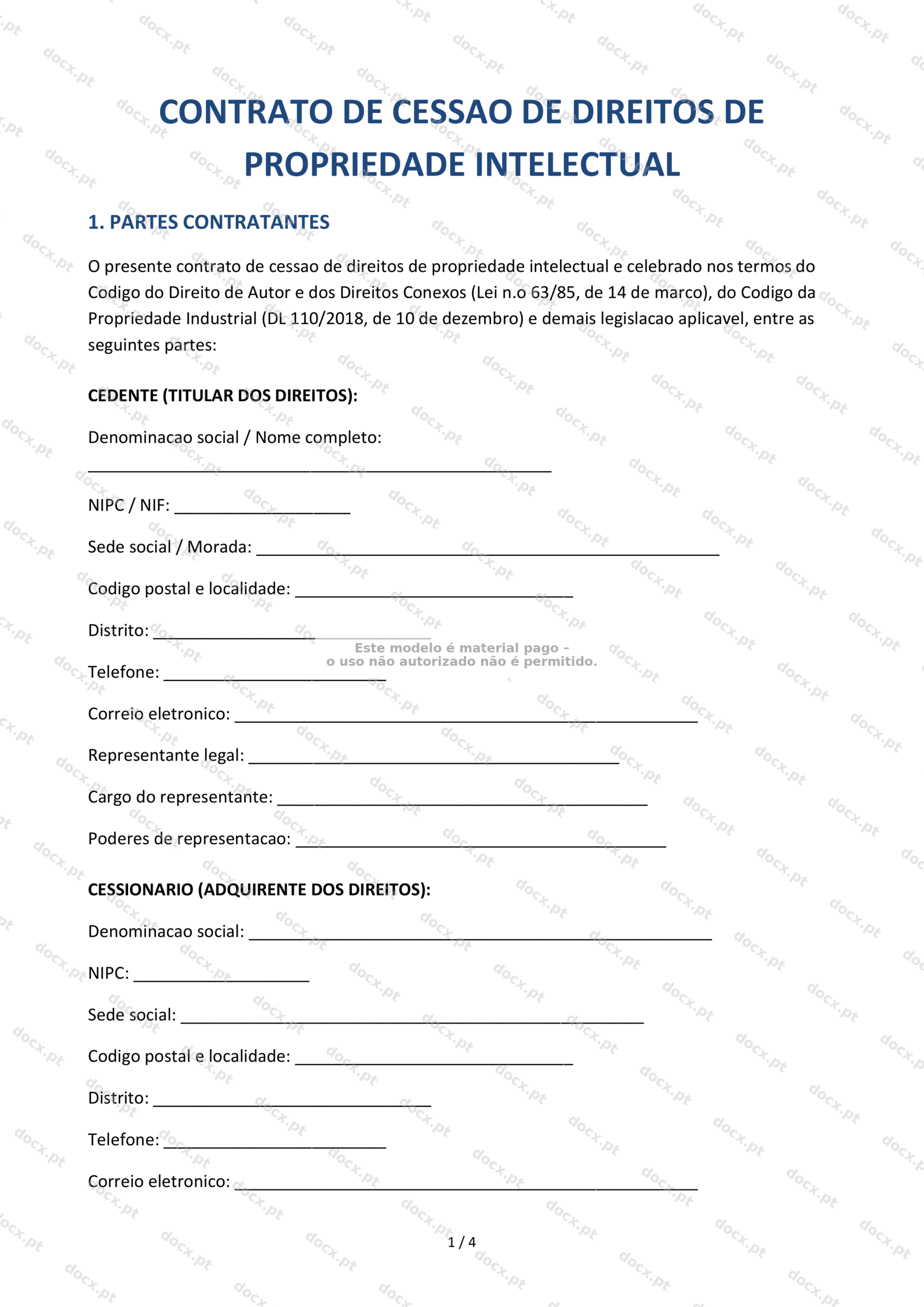 Contrato de Cessão de Propriedade Intelectual – Modelo Editável