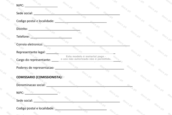 Contrato de comissão em papel A4, página 1, com texto impresso e assinatura.