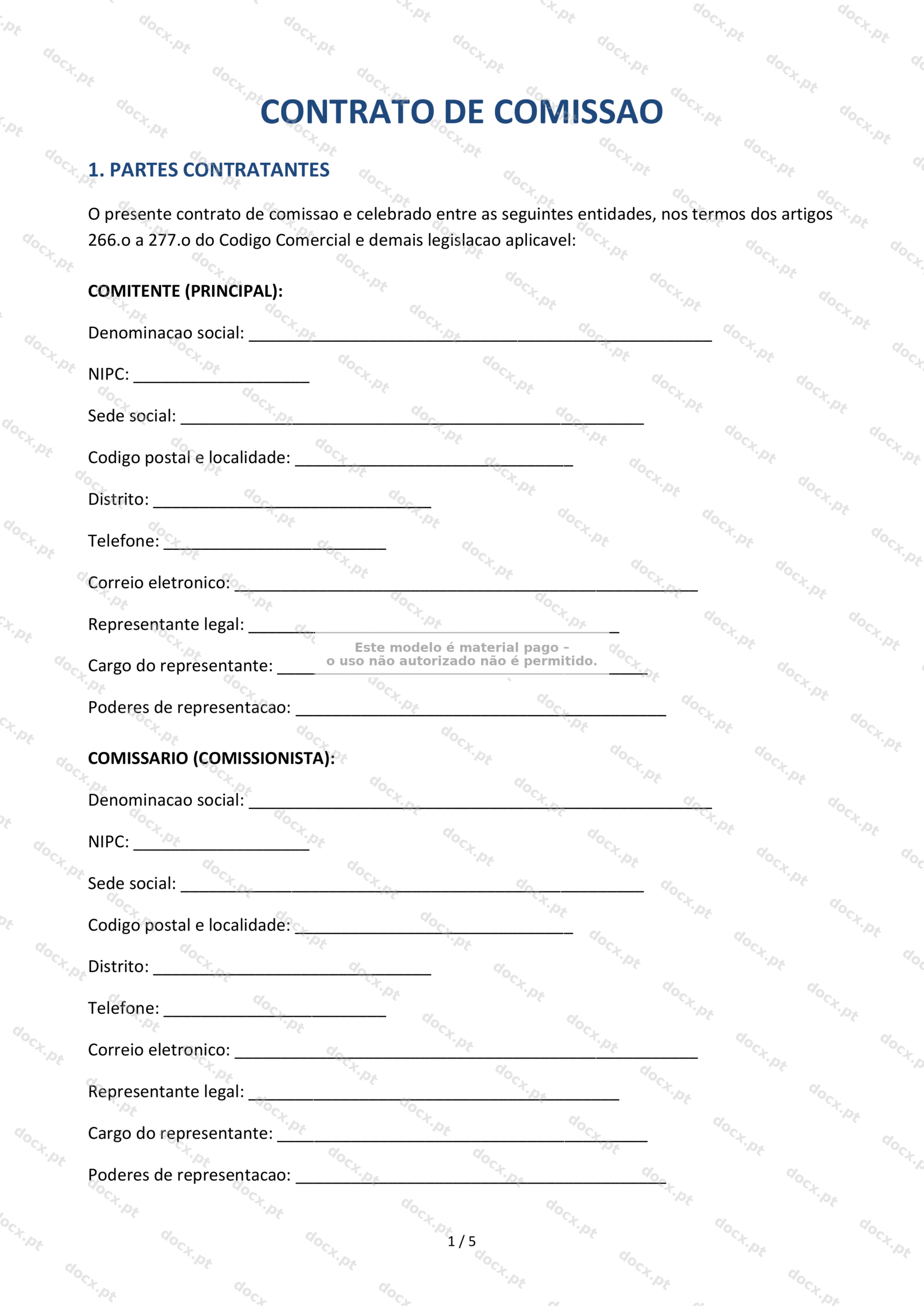 Contrato de Comissão — Documento Word e PDF