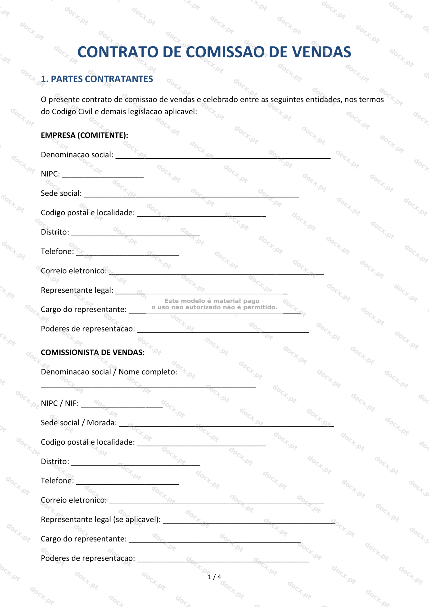 Contrato de Comissão de Vendas | Formulário Descarregável