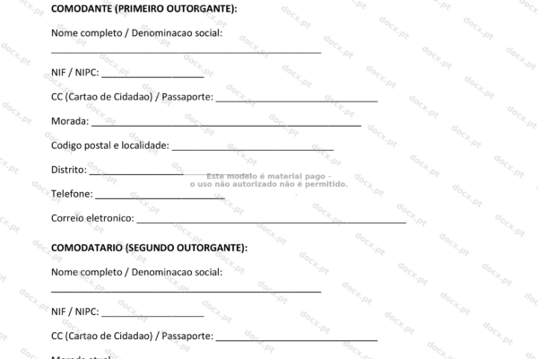 Página 1 de contrato de comodato de imóvel em papel A4.