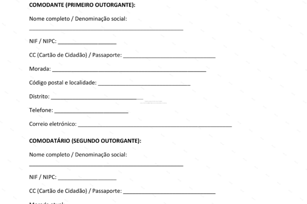 Página 1 de contrato de comodato de imóvel em papel A4.