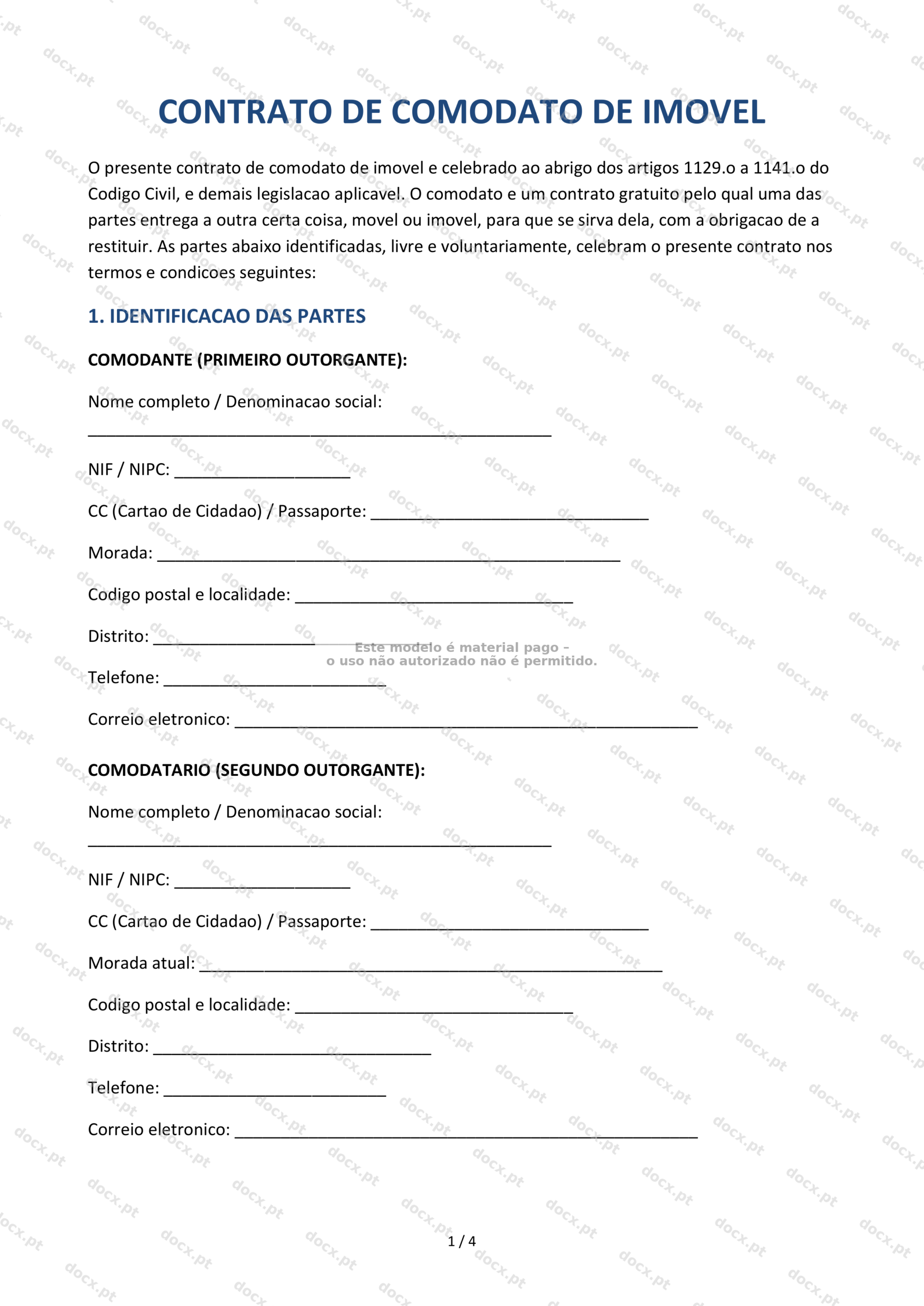 Contrato de Comodato de Imóvel — Modelo Word Editável
