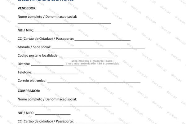 Contrato de compra e venda de ações em papel A4, página 1.