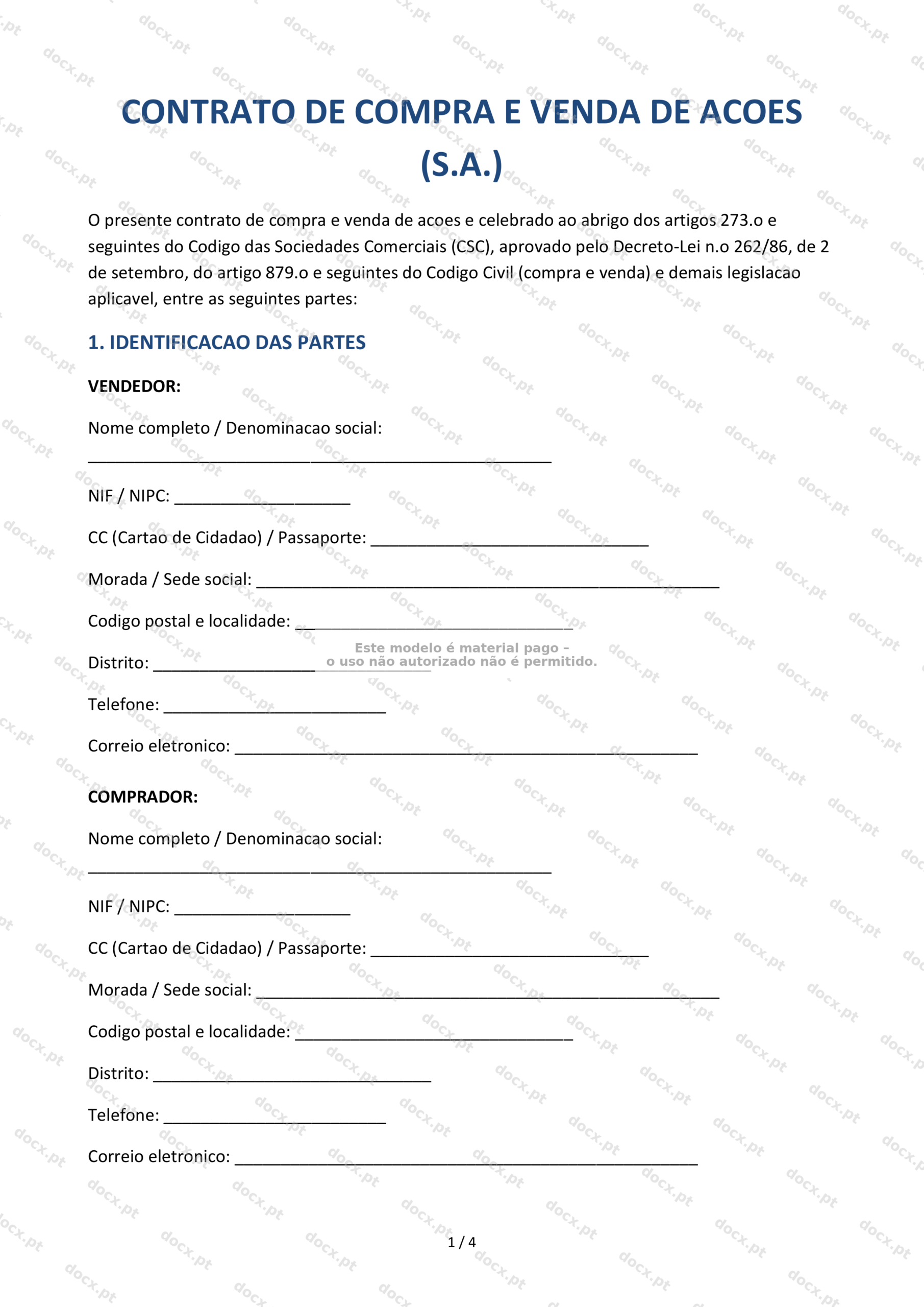 Contrato de Compra e Venda de Ações (S.A.) – Documento Word e PDF