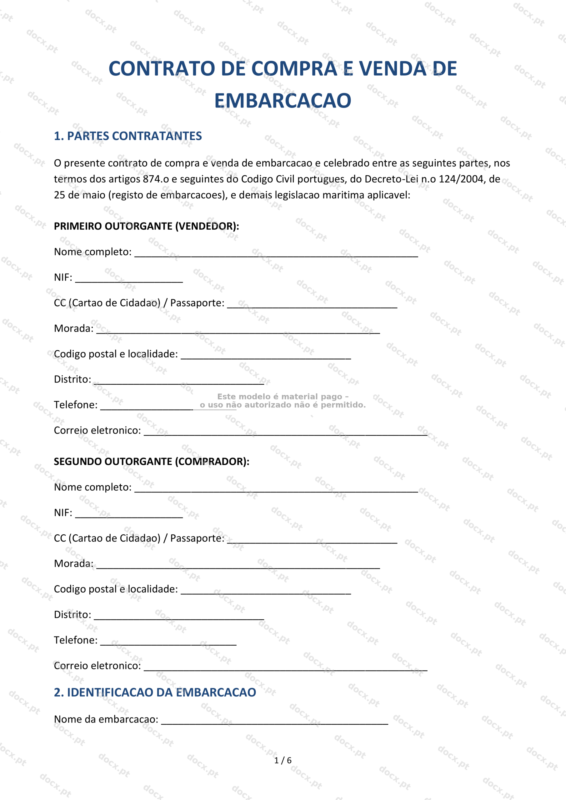 Contrato de Compra e Venda de Embarcação — Modelo Descarregável