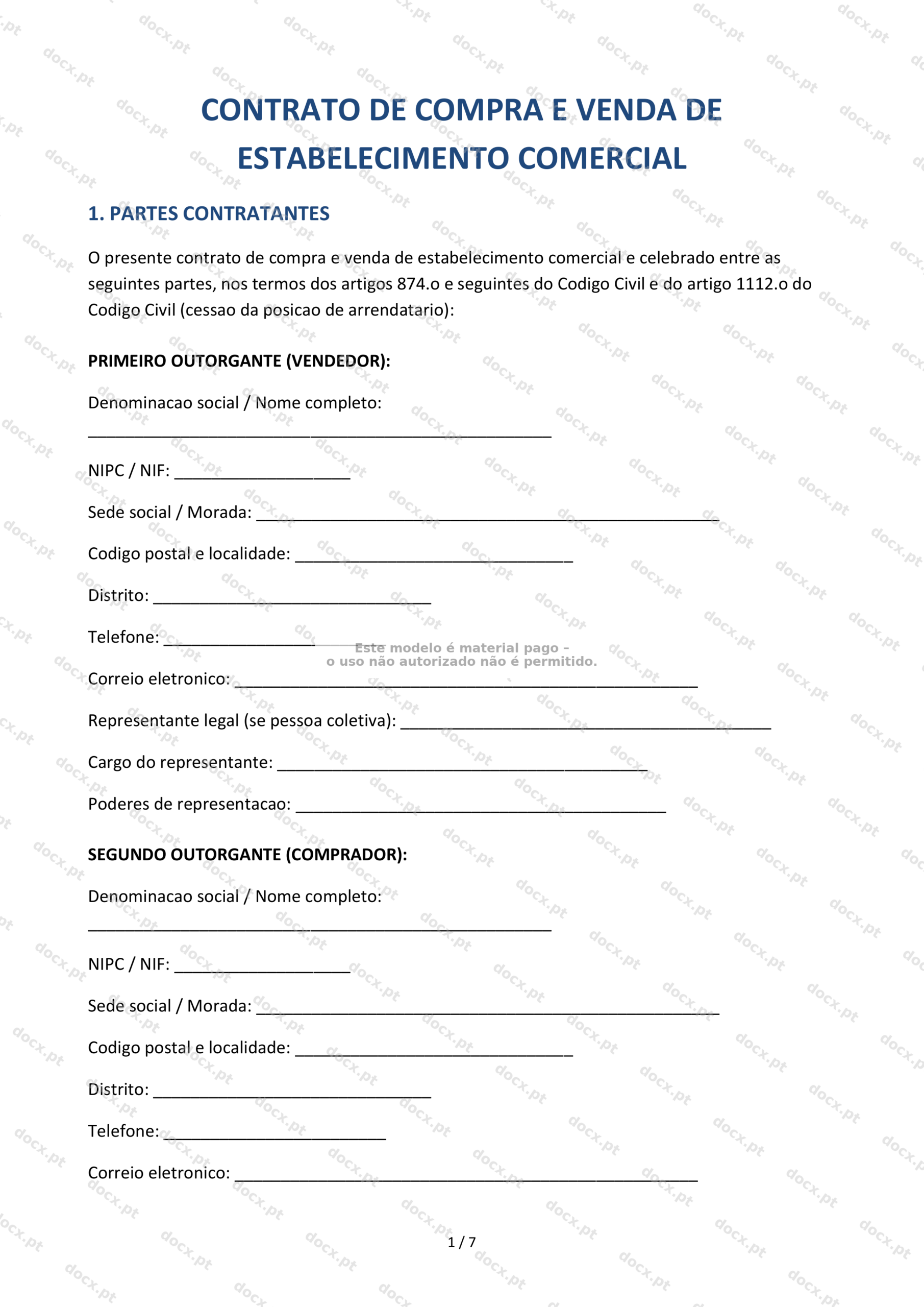 Contrato de Compra e Venda de Estabelecimento Comercial – Documento Word e PDF